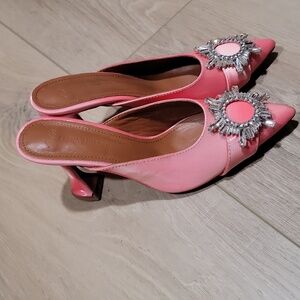 Pink Satin Sling back heels w/ Chrystal embellishments 37/7